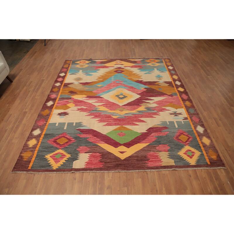 Hand Woven Oriental 100% Wool Carpet Southwestern Tribal Multi-Colored Kilim Area Rug - 9' 9'' X 8' 5''