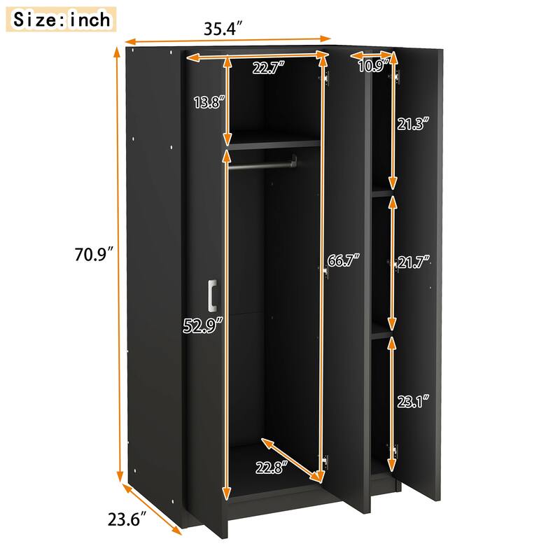 3-Door Wardrobe Mirror Armoire with Hanging Rod and 3 Shelves