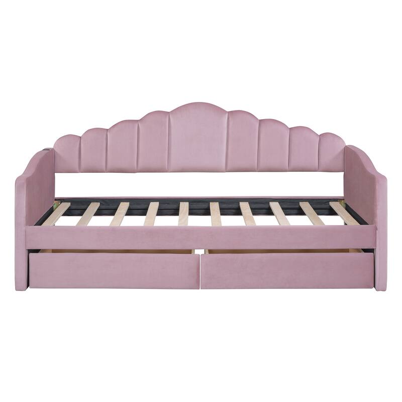 Velvet Twin Daybed with Storage Drawers and USB Ports, No Box-Spring Needed