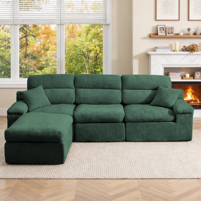 111" L-Shaped Slub Chenille Sofa with High Backrest, No Assembly Required