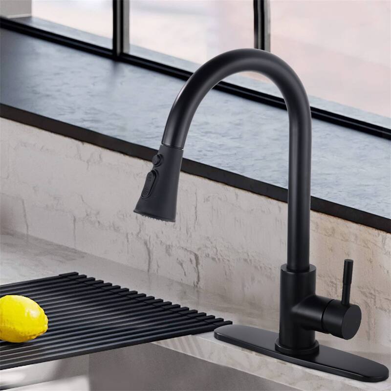 Pull Down Kitchen Sink Faucet Single Handle Kitchen Faucet WIth Sprayer Stainless Steel One Hole Modern Basin Laundry Taps - Matte Black