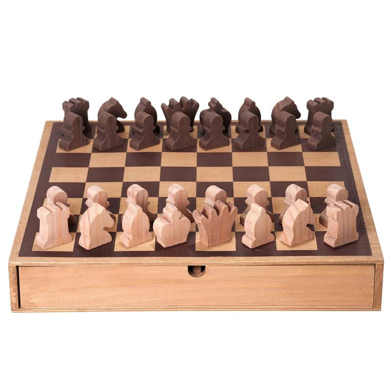 American Art Decor Wood Chess & Checkers Board Game Set with Drawer Tabletop Decor - 2.5" H x 16" L x 16" D