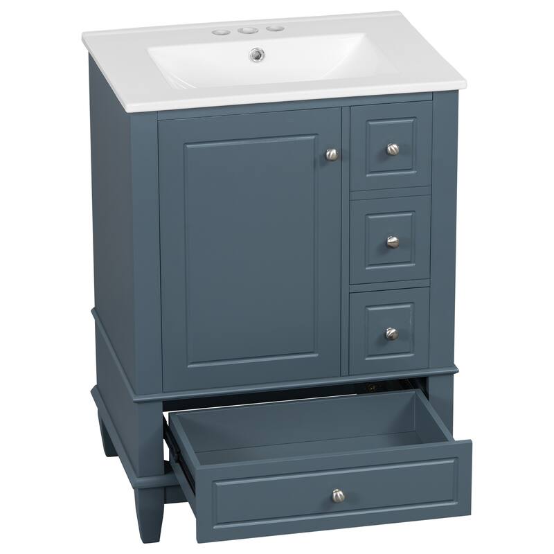 24" Bathroom Vanity With Sink And Drawers, Freestanding Vanity Cabinet With Ceramic Top And Storage Shelves, Modern Sink Cabinet