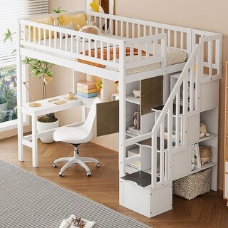 Wood Twin Size Loft Bed with Built-in Desk, LED, Storage Shelves, Cabinets and Staircase