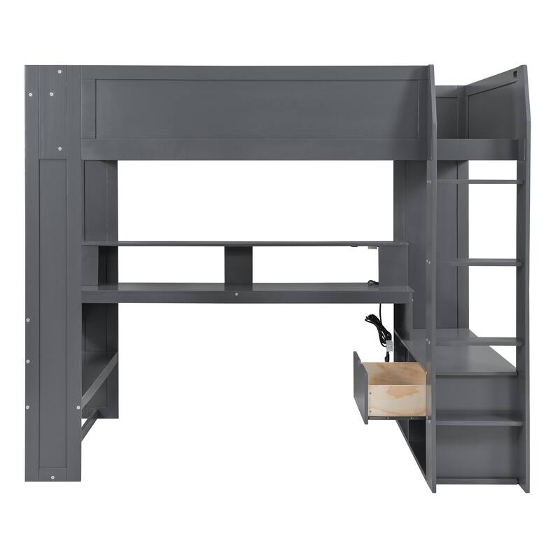 Dark Gray Full Size Solid Wood MDF Gaming Loft Bed with Desk, Multi-storage Shelves, LED and Charging Station