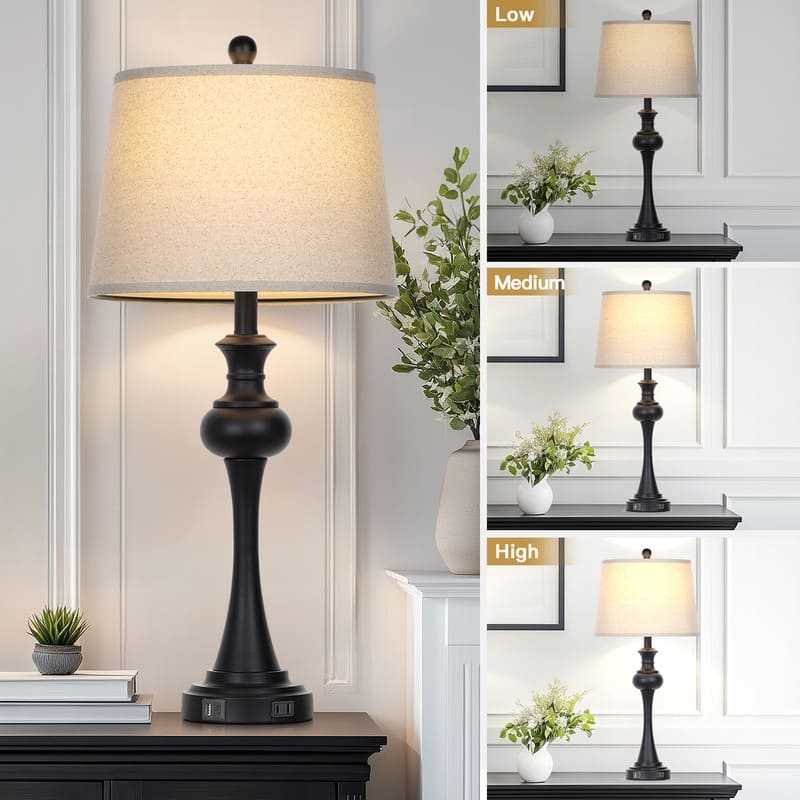 28.75'' Modern Black Table Lamp with USB & Type-C Charging Ports, 3-Way Touch Control(Set of 2) - 13'' x 13'' x28.75''