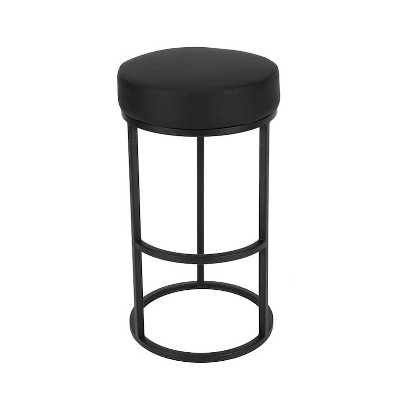 Tane 30 Inch Barstool, Round Black Faux Leather Padded Seat, Black Metal