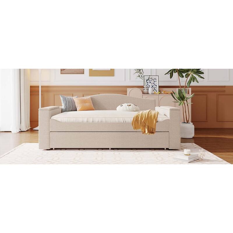 Daybed with Storage Armrests, Trundle & Latest Integrated Bluetooth Audio System
