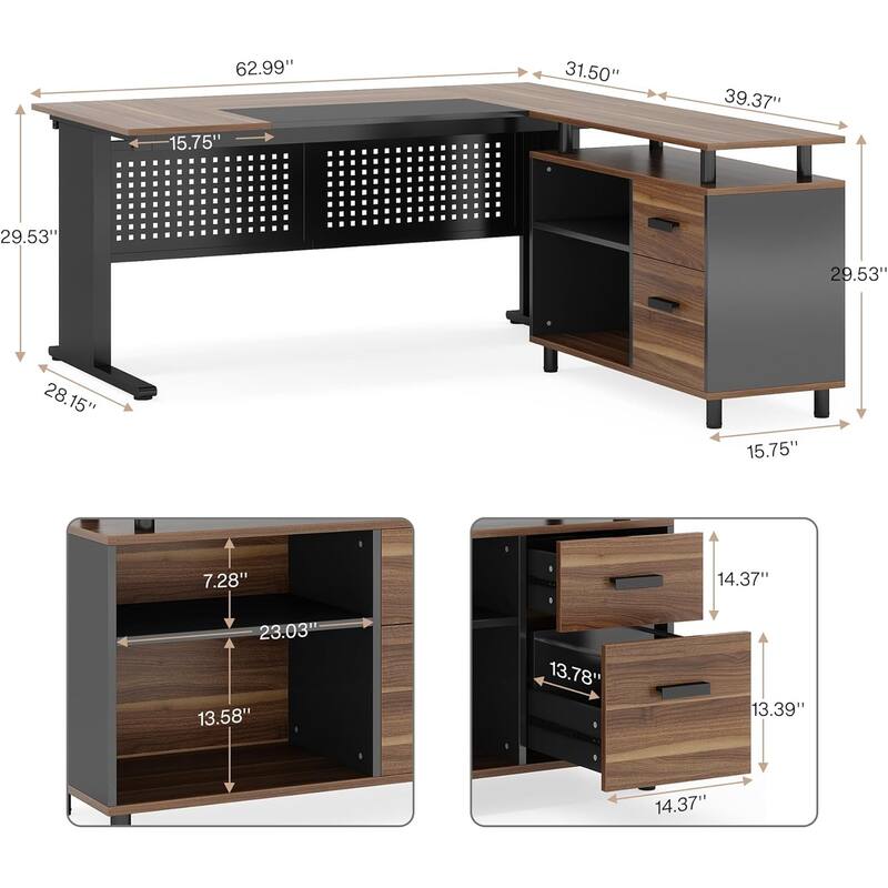 63" L-Shaped Executive Desk with File Cabinet in Rustic Brown and Black