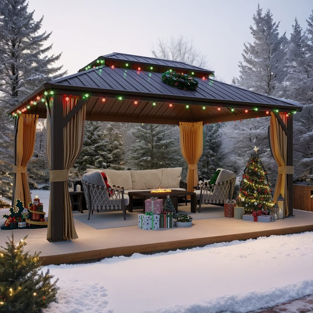 EROMMY Anti-Rust Coating Iron Hardtop Sun Shade Shelter Outdoor Canopy & Pergolas w/Curtains and Netting