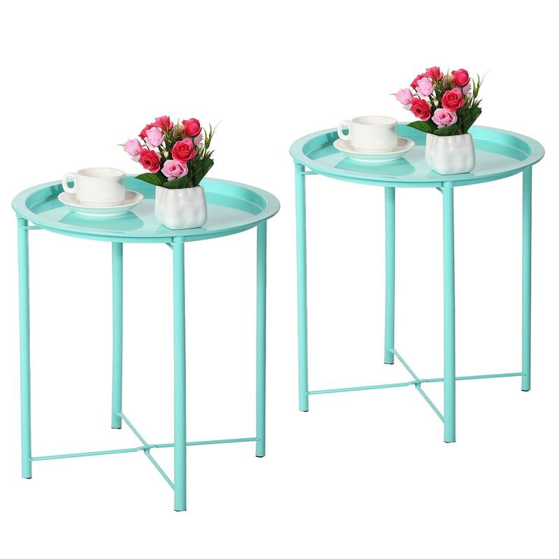 Javlergo Set of 2 Folding Round TV Tray Tables, Small Round Steel Side Table, No Assembly Required - 18.5 x 18.5 x 19.7 in - Green