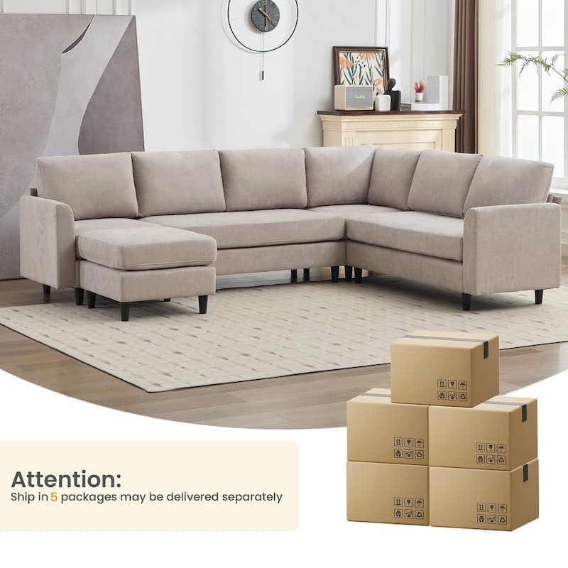 Modern U-Shaped Chenille Modular Sectional Sofa with Ottoman, Overized Corner Couch for Living Room - 107" W