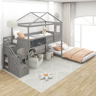 Twin over Full House Bunk Bed with Storage Staircase and Blackboard,Gray(Old SKU: GX001701AAE)