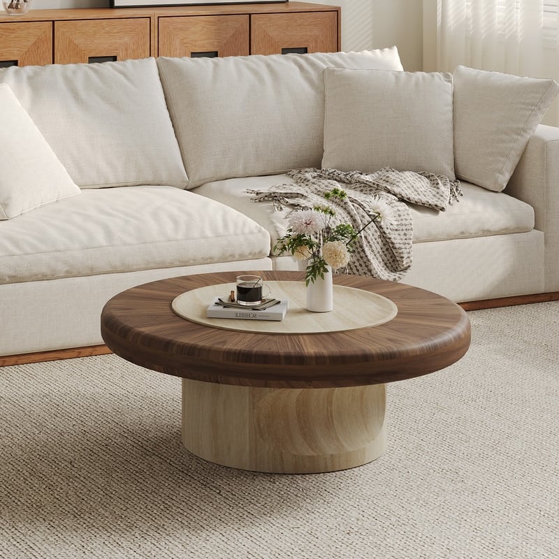 35.4" Round Dual-Wood Coffee Table, Walnut & Light Wood Mid-Century Modern Center Table for Living Room