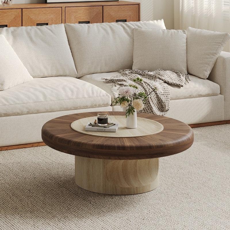 35.4" Round Dual-Wood Coffee Table, Walnut & Light Wood Mid-Century Modern Center Table for Living Room
