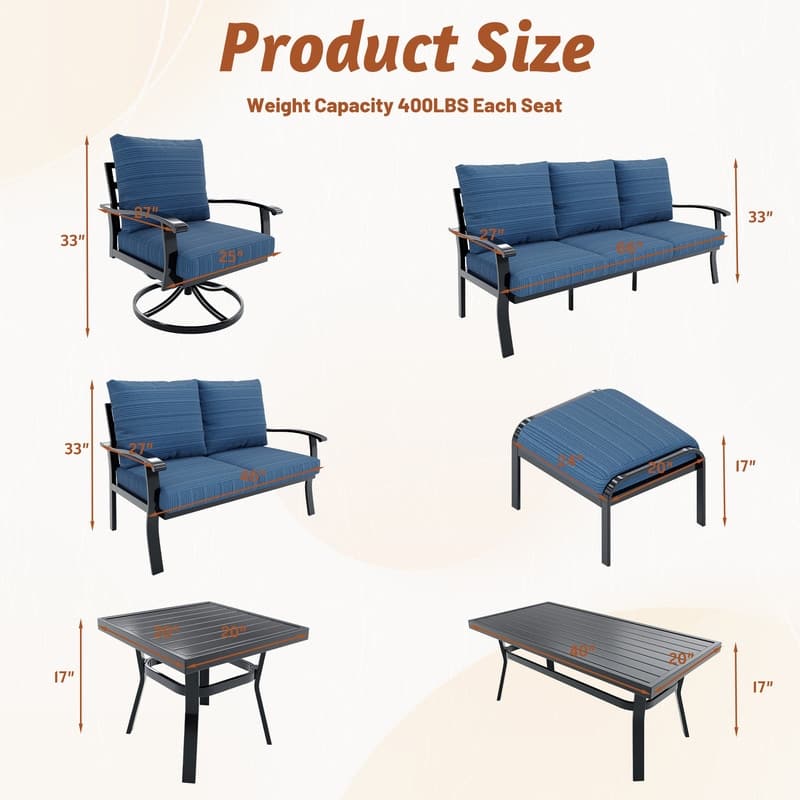 Erommy Patio Set: 360° Swivel Rockers, Sofa, Ottomans & Table – Outdoor Conversation Set for Poolside, Garden & Deck