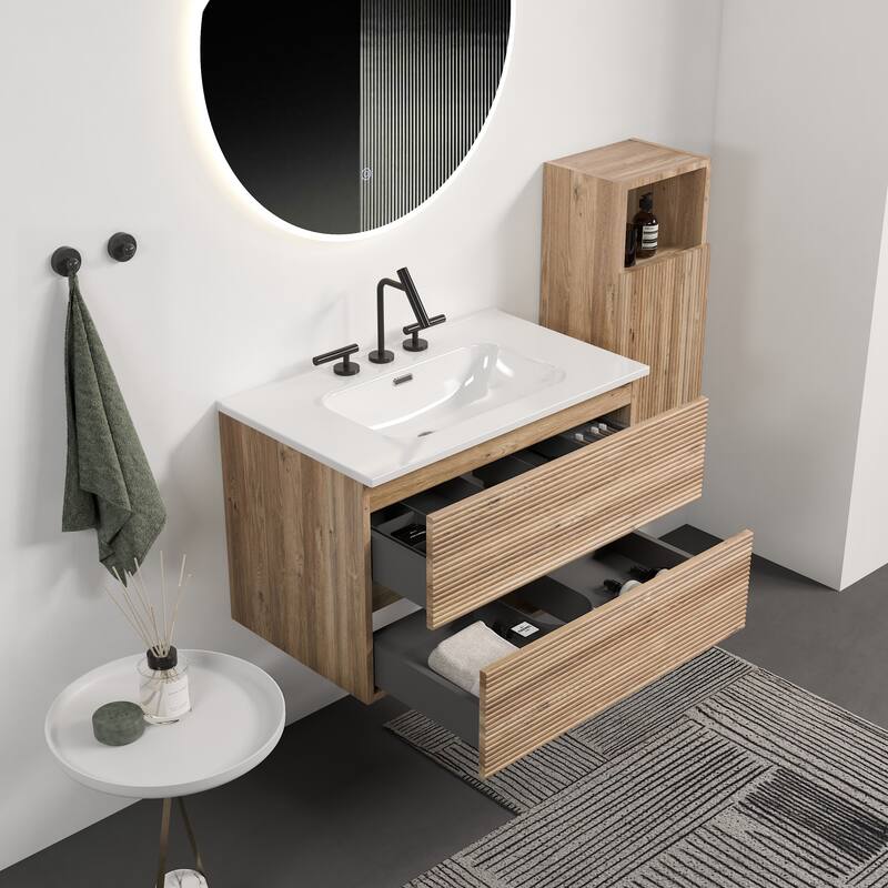 GDFStudio - Gloria Modern Wall-Mounted Floating Bathroom Vanity with Integrated Ceramic Basin & Soft-Close Drawers