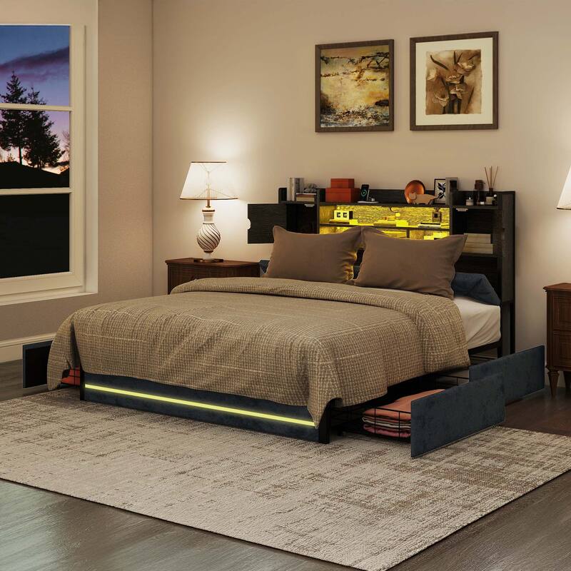 Velvet Upholstery Bed Frame With 4 Underbed Storage Drawer, LED Lights And Charging Station