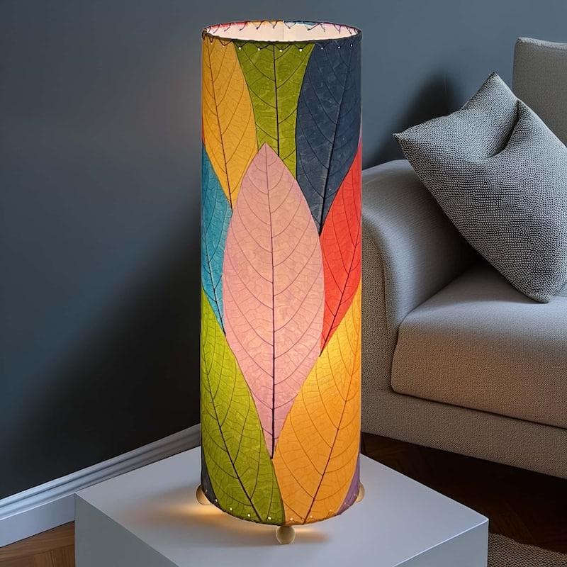 Handmade 24 Inch Cocoa Leaf Cylinder Table Lamp, Cocoa Leaves Shade, 8 x 8 x 24 in. - 8 x 8 x 24