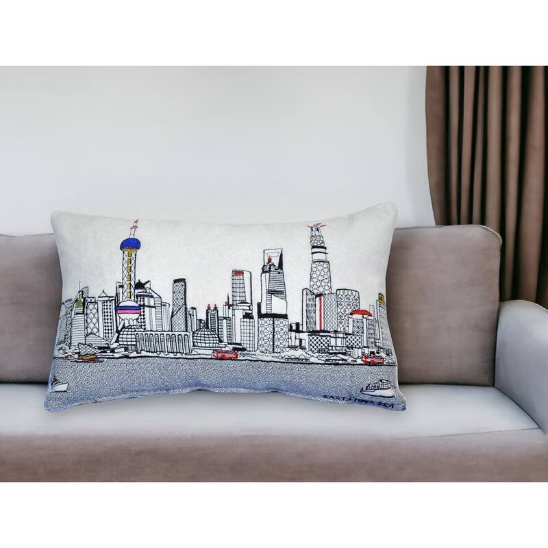 HomeRoots 14" X 25" Cream Shanghai Daylight Skyline Lumbar Decorative Pillow