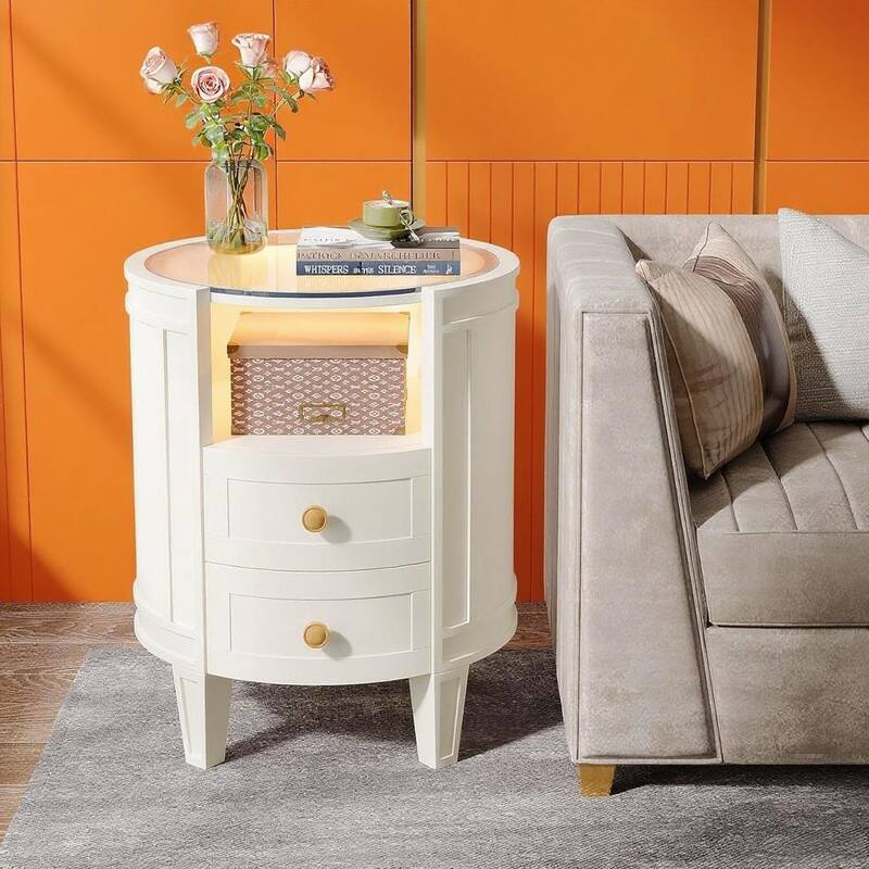 White-Ivory Metal Glass Bedside Table with LED Lighting and Drawers