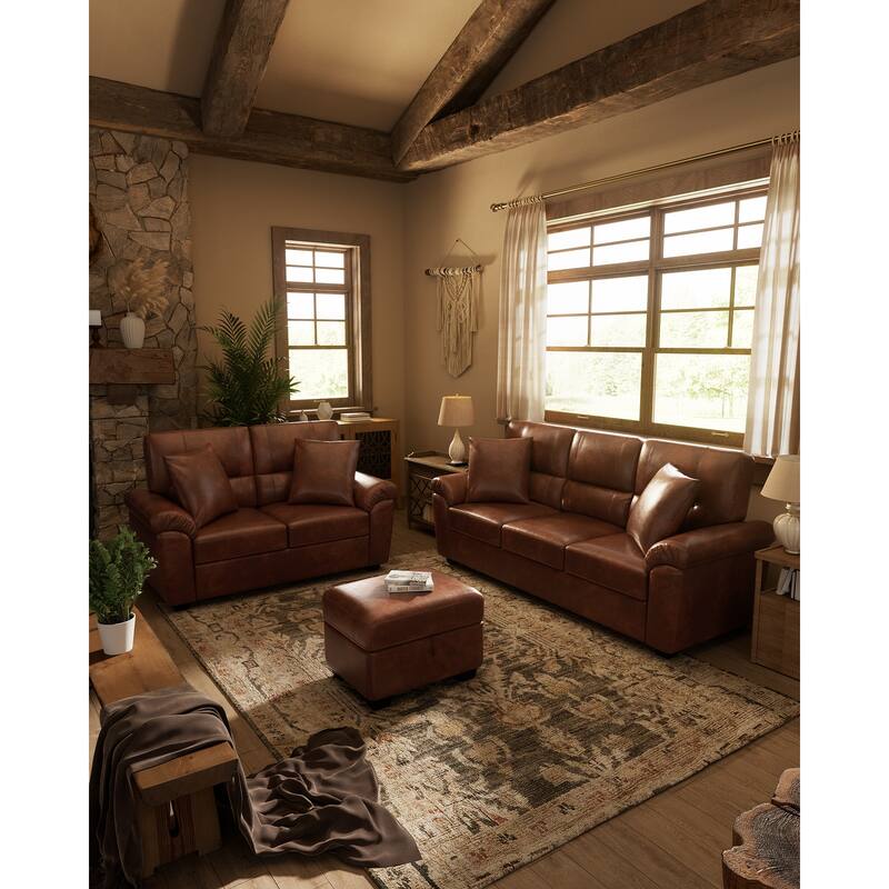 Upholstered Living Room Set, 3 Pieces - Faux Leather Loveseat, Sofa with Ottoman