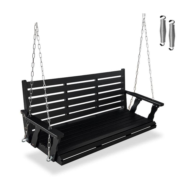 Wooden Porch Swing with Hanging Chains and 7mm Springs for Outdoor Patio Garden Yard - 5FT - Carbon Black