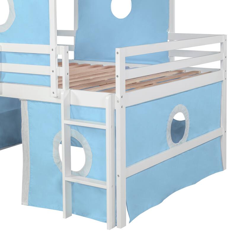 Twin/Full Size Wooden Playhouse Loft Bed with Tent and Tower, Solid Pinewood Low Loftbed Frame with Slide and Ladder