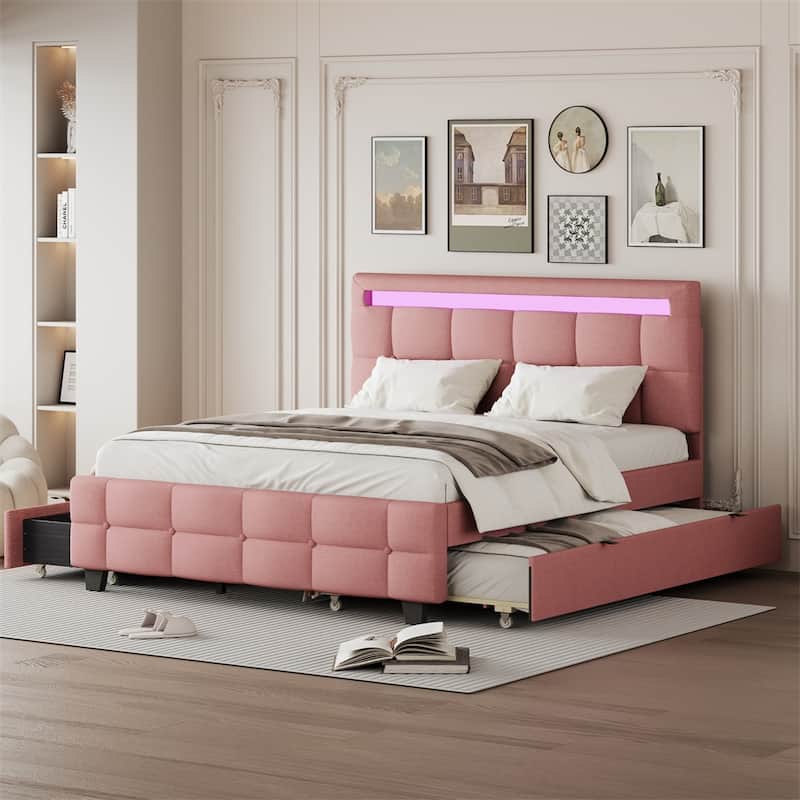 Queen Size Upholstered Platform Bed w/ LED Frame, Twin XL Size Trundle