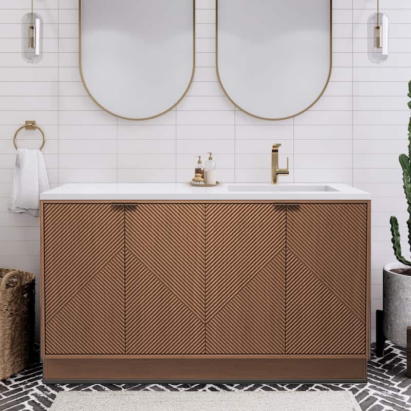 Milano 60" Freestanding Bathroom Vanity with Right White Sink - 59.06" x 19.49" x 35.46'' - Brown