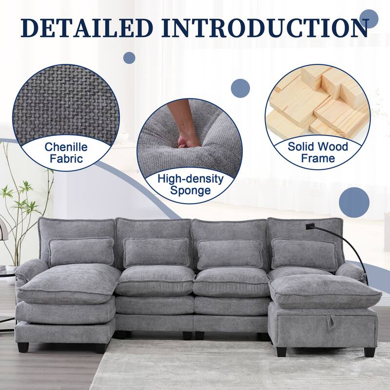 HOMEFUN Chenille Upholstered Oversized U-shaped Comfy Modular Sectional Sofa with Storage Ottoman
