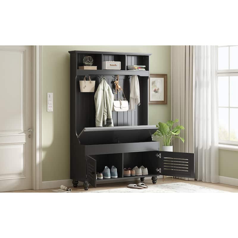 Roomfitters Hall Tree with Shutter Doors, Entryway Bench with Cushion, Hooks and Storage Organizer