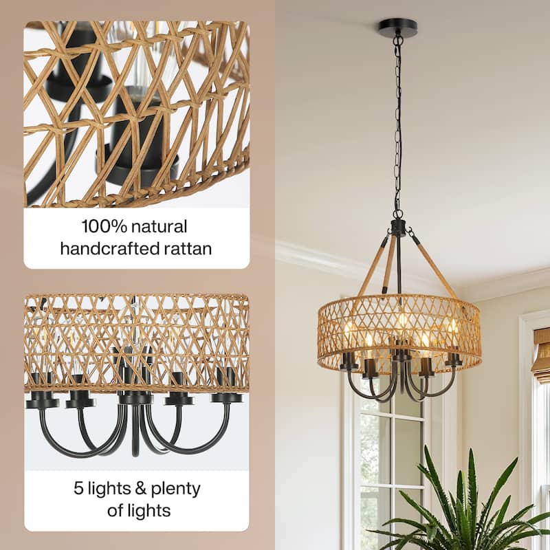 5-Light Boho Chandeliers Rattan Hand Woven Pendant Light