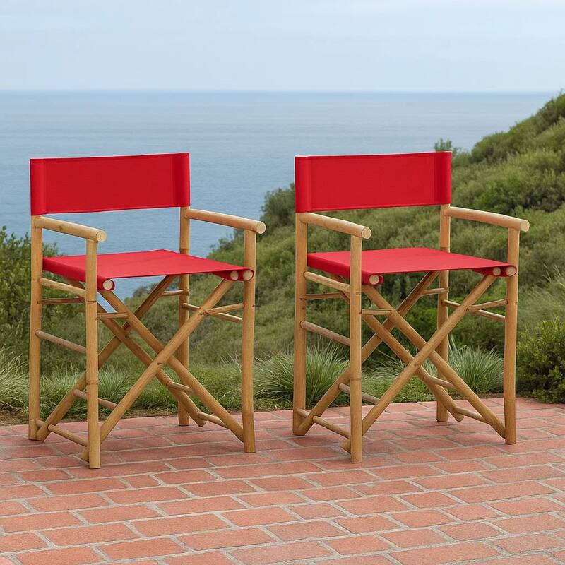 Outdoor Foldable Accent Chair Set of 2, Red Fabric, Brown Bamboo