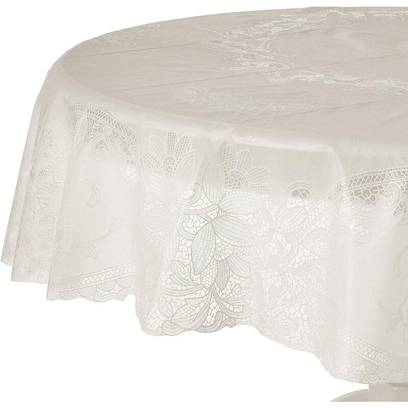 Violet Linen Vinyl Lace Battenberg embossed Floral Pattern Tablecloth - 72" Round - Ivory