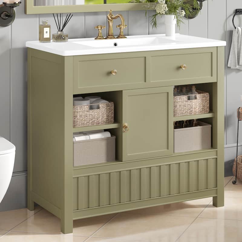 36" Bathroom vanity with sink, multi-functional bathroom cabinet with doors and storage shelves, featuring drawers - Green