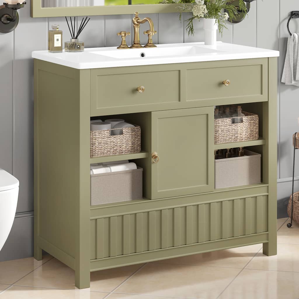 36" Bathroom vanity with sink, multi-functional bathroom cabinet with doors and storage shelves, featuring drawers