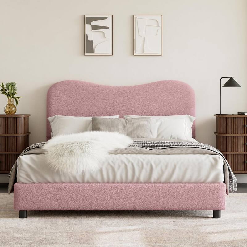 Upholstered Boucle Bed Frame with Headboard, No Box Spring Needed, Pink - Queen