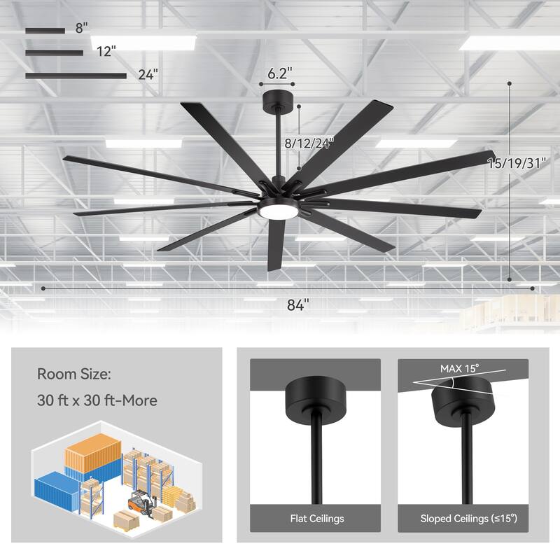 Large 84" Integrated LED Ceiling Fan with Light and Remote(9 Reversible Blades)