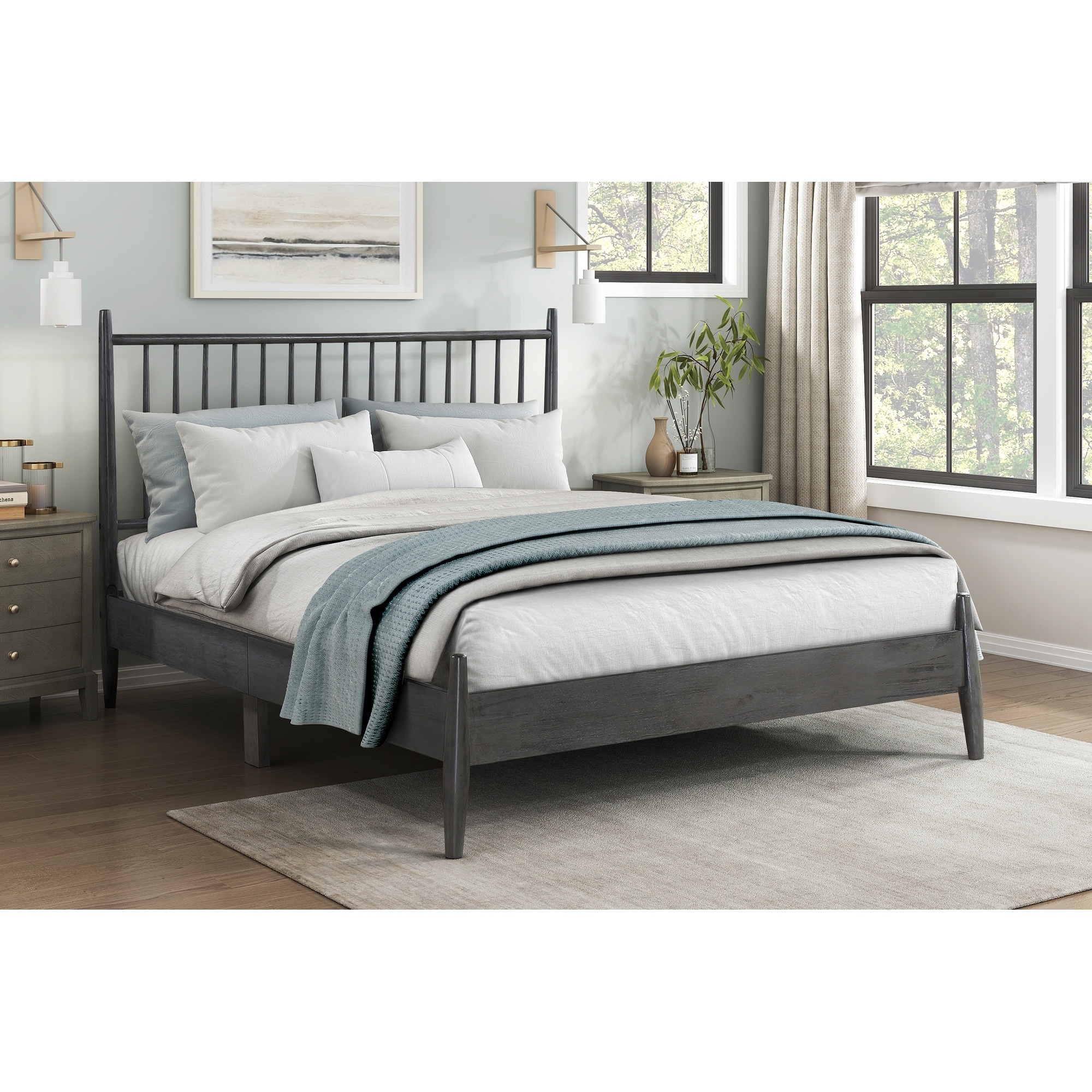 Full Size Wood Platform Bed with Vertical Slat Headboard and Mid-Century Design