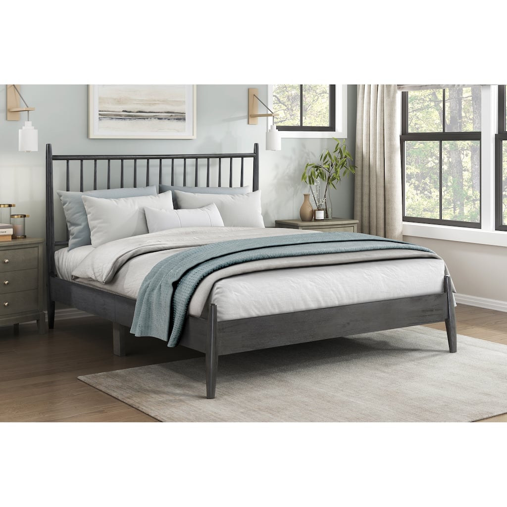 Mid-Century Modern Queen Platform Bed with Gray Finish and Vertical Slats Headboard
