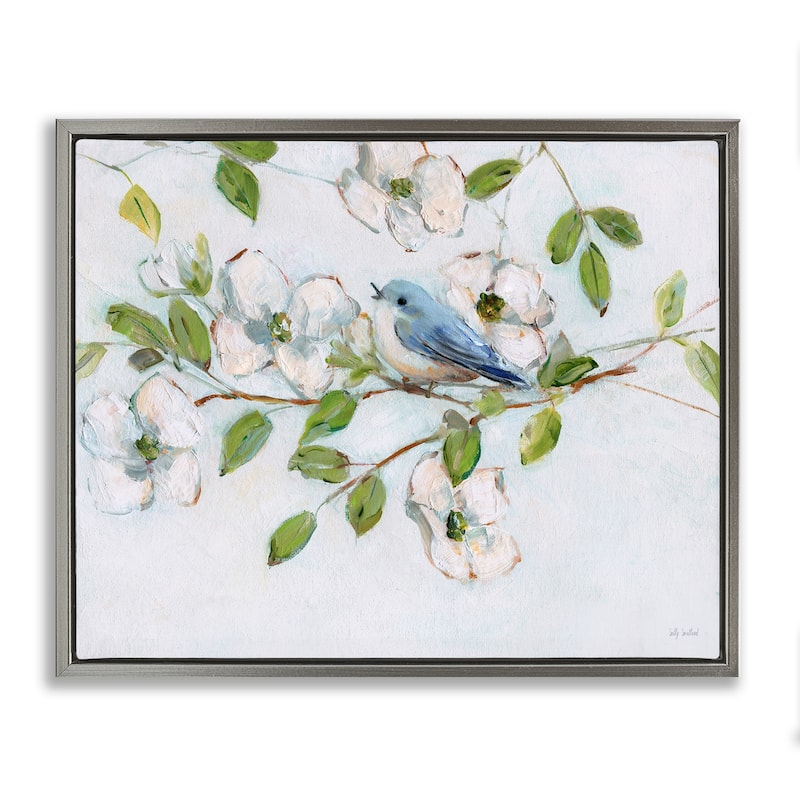 Stupell Bluebird on Dogwood Branch Framed Floater Canvas Wall Art Design By Sally Swatland - 21 x 17 - Grey