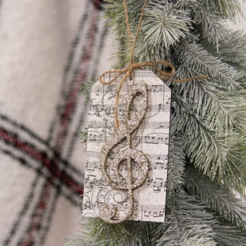 Black-White Glittered Treble Clef Ornament with Jute Hanger - 3 x 0.25 x 5.50 in.