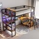 preview thumbnail 2 of 27, Twin Size Loft Bed with LED Light and Built-in Work Station, Metal Loft Bedframe w/ Storage Cabinet, Shelves & Charging Station