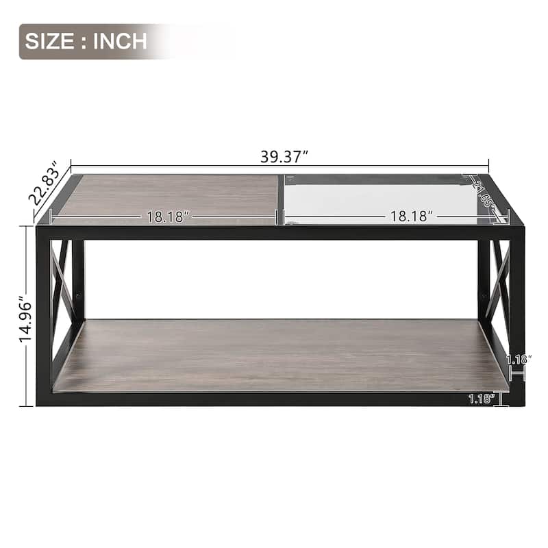 Anmytek Modern Coffee Table Two Tone Top Black Metal Frame Glass Modern Living Room Storage Shelf