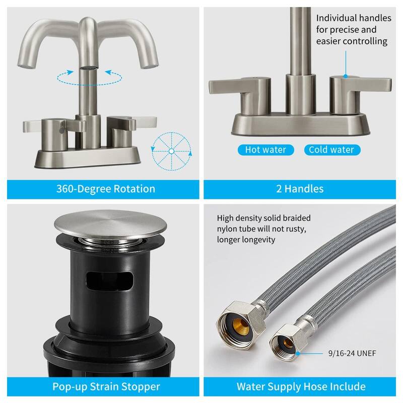 Modern 2 Handle 360° Swivel Bathroom Sink Faucet with Pop Up Drain and Water Supply Line, Anti Fingerprint, Anti Rust