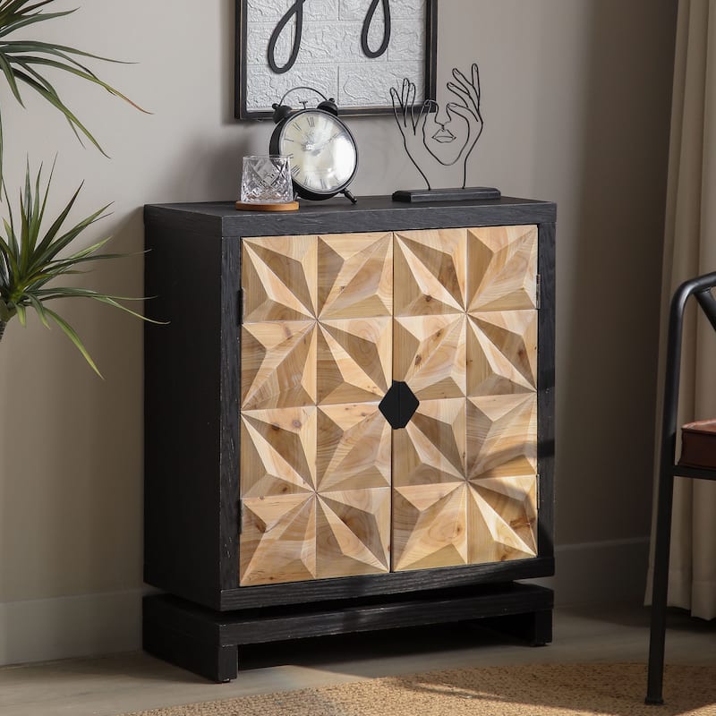 Roomfitters 3D Geometric Carved Double-Door Cabinet, Modern Black and Natural Wood Storage Sideboard