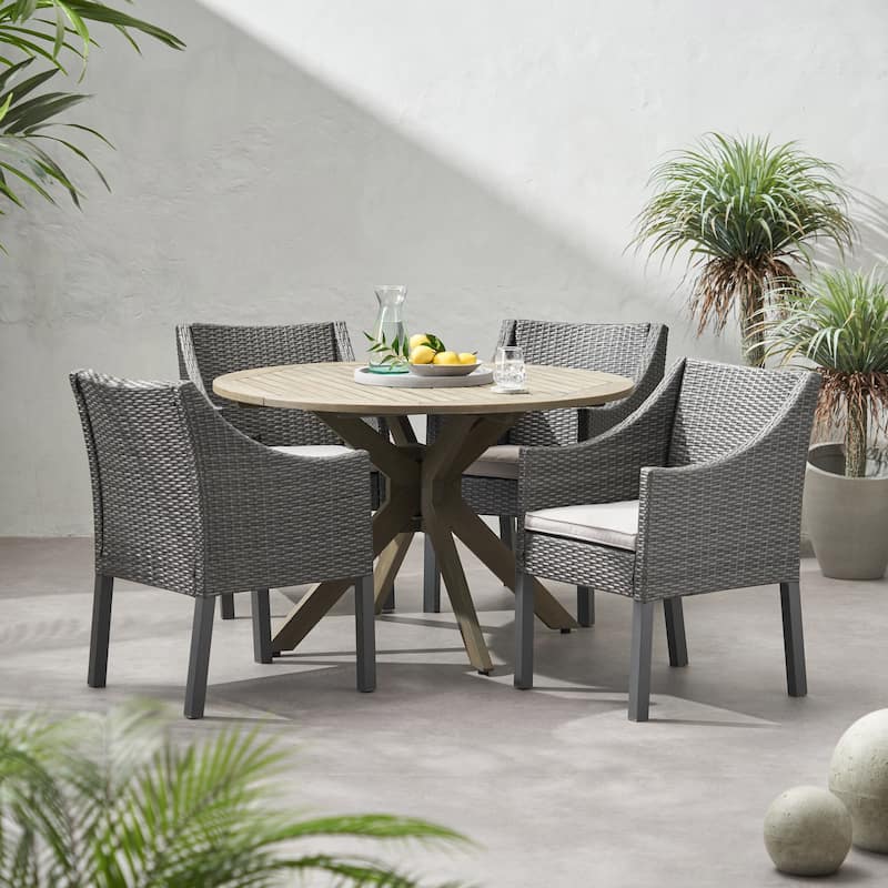 Owen Wood and Wicker 5-piece Dining Set by Christopher Knight Home - Gray +Silver Cushion