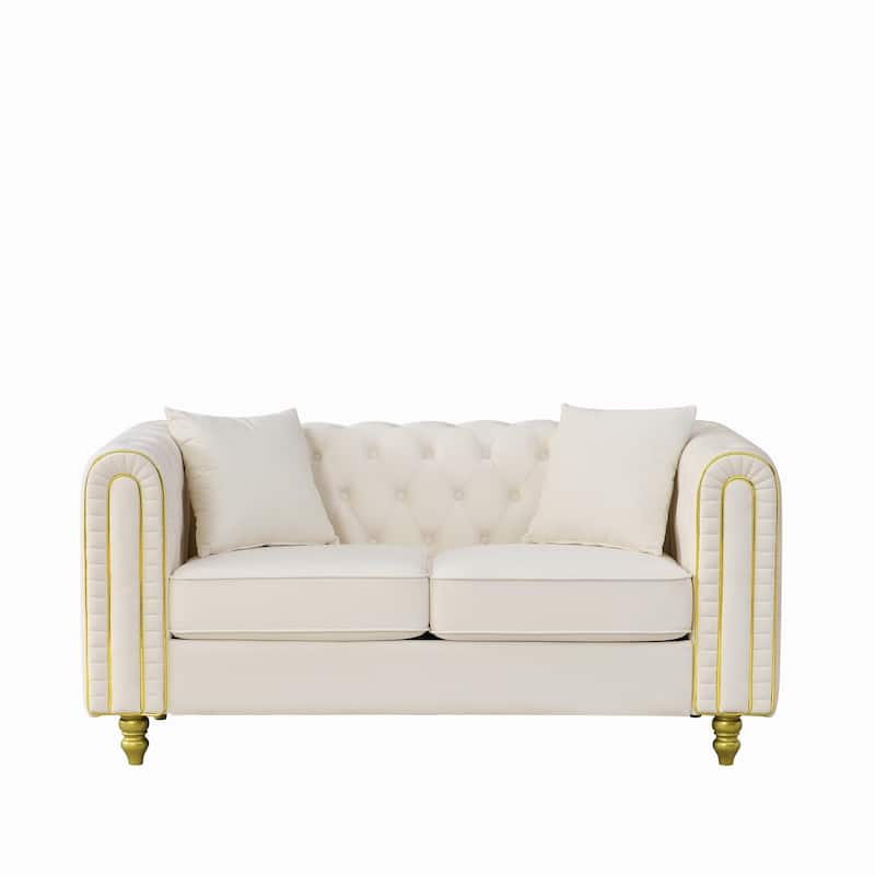 Roomfitters 63" Modern Upholstered Chesterfield Loveseat with Gold Trim, Button Back 2-Seater Couch for Small Spaces
