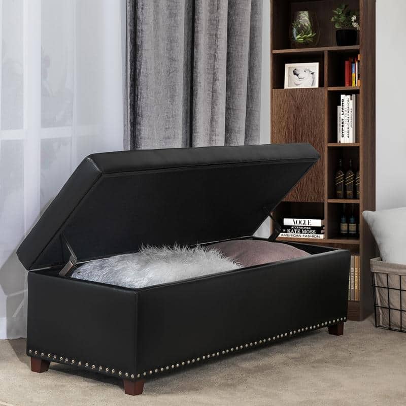 Adeco 46" Faux Leather Storage Ottoman Bench with Nailhead Trim